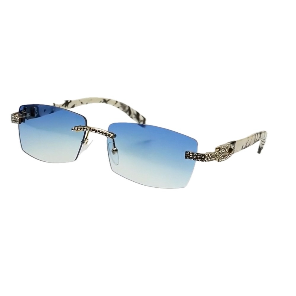 Sunglasses Blue Lens Men Gangster Rhinestone Stud Rimless Rectangle 90s Rapper - Picture 7 of 9